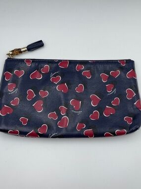 GUCCI leather blue busta red heart logo clutch bag bamboo zip pouch bag